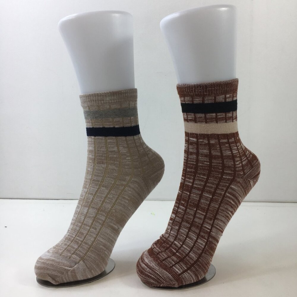 Womens Crew Socks Set 2 Striped Plaid Beige Red Blue Gray
